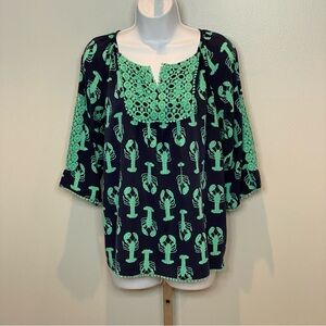 Crown & Ivy Navy and Green Lobster Print Women's Top